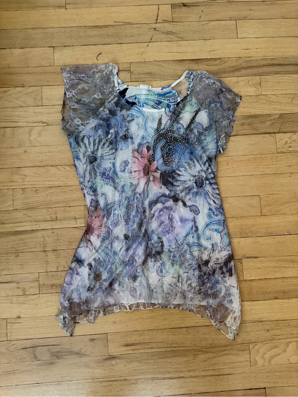 Brittany Black Floral Scoop Neck Lace-Sleeve Top in Blue, Purple, Pink